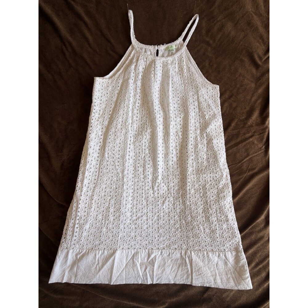 JADE White Eyelet Lace Halter Shift Dress Knee Length Lined 100% Cotton Size L